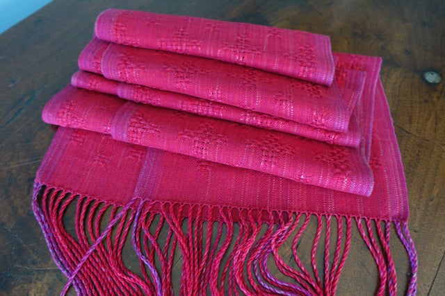 Huck Lace Tencel & Silk Scarf/ Cranberry weft/ Handwoven